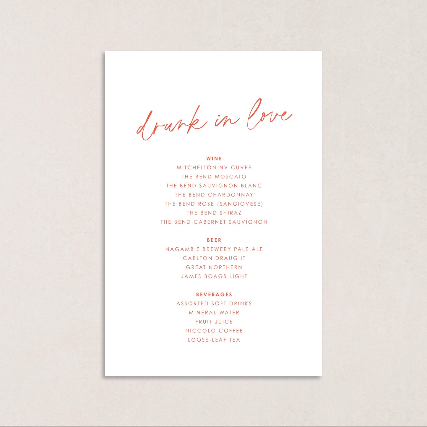 Honeymoon Drink Menus